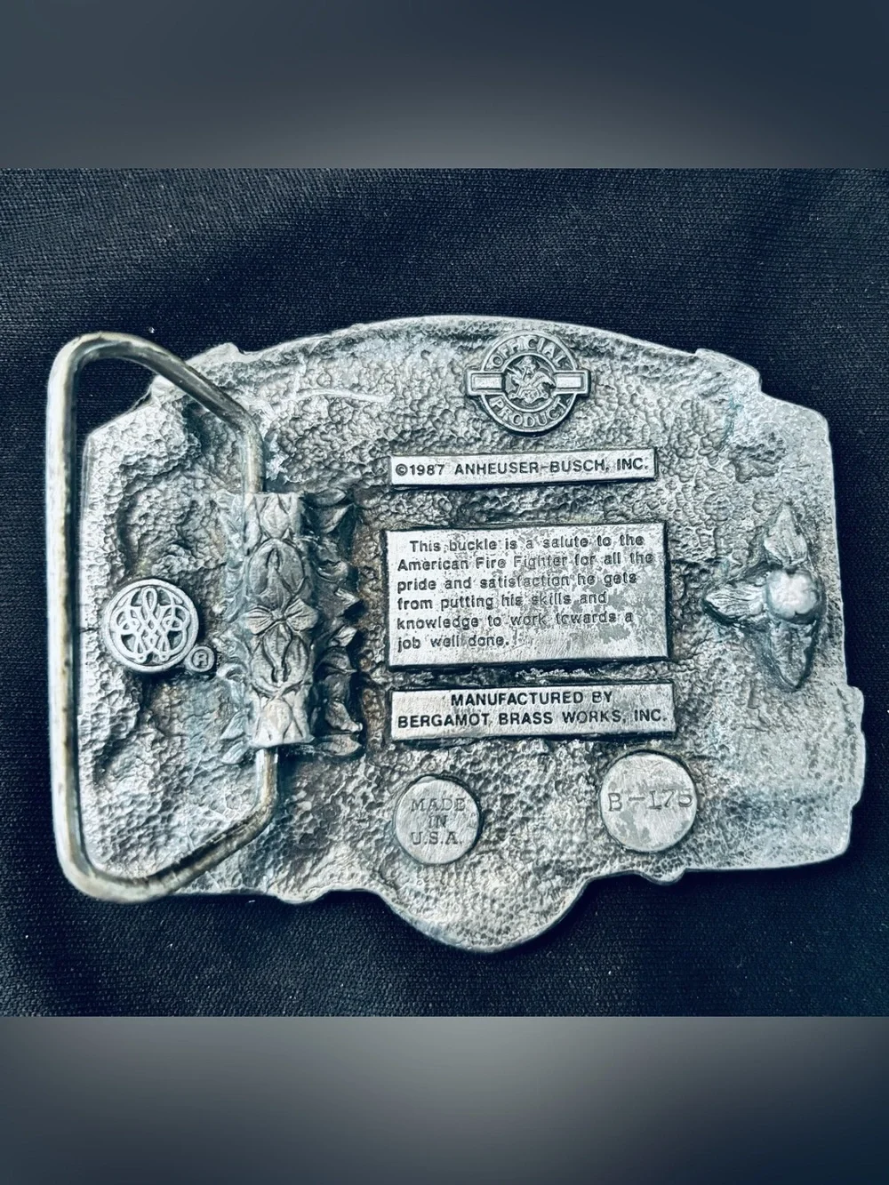 This Bud's ForYou 1987 Bergamot Belt Buckle Salute to The American Fire Fighter